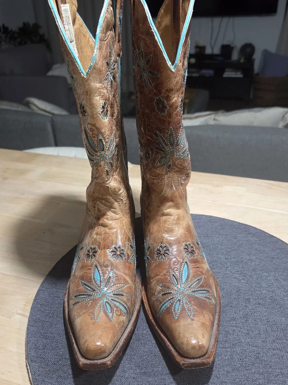 Shyanne Brown Leather Over-the-Knee Boots with Turquoise Stitching